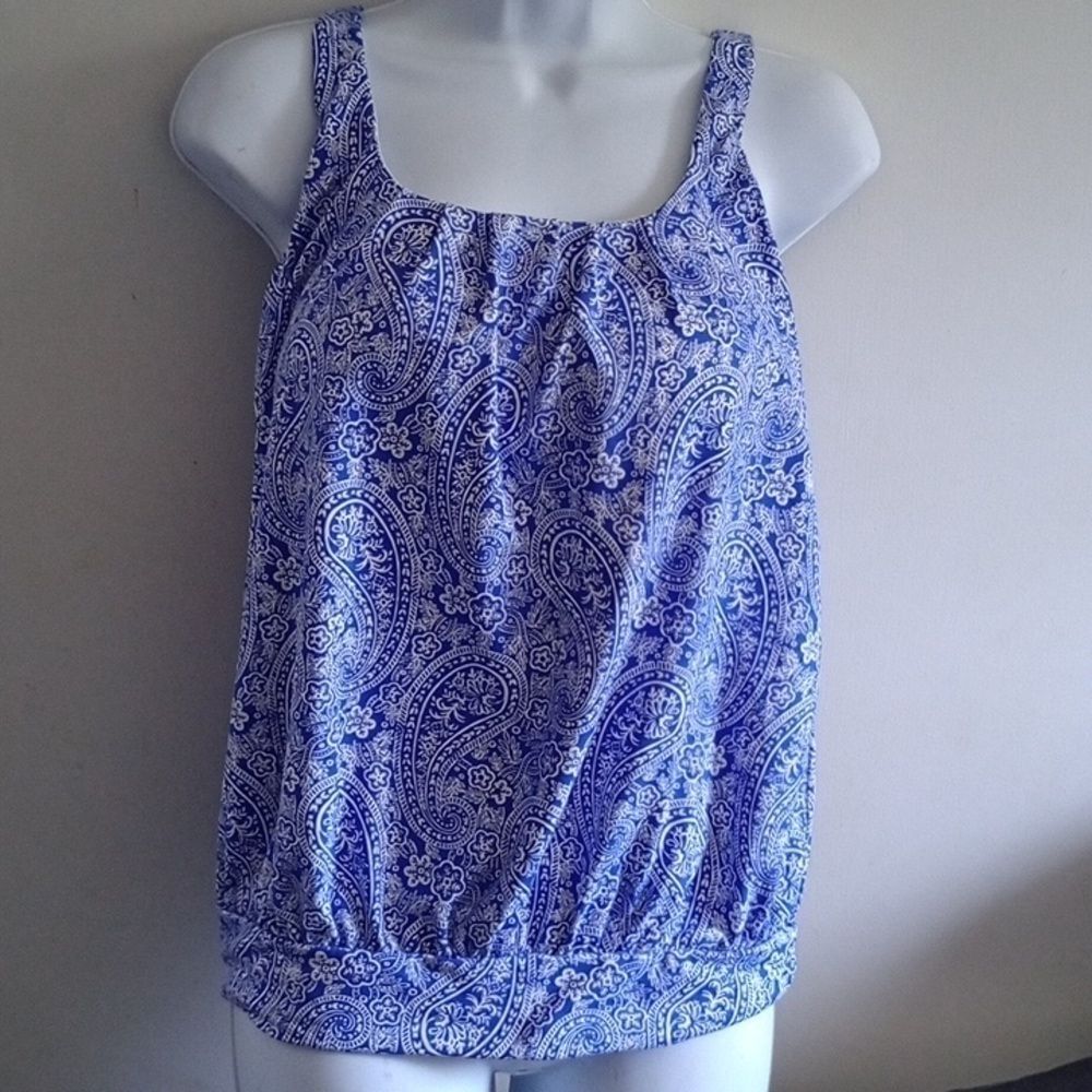 Women's Size 6 Lands' End Blue Paisley Babydoll Tankini Top Vacation Swimsuit